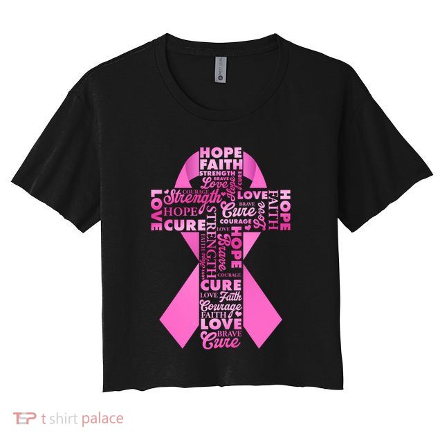 Breast Cancer Awareness Word Text Art Ribbon Cross Crop Top