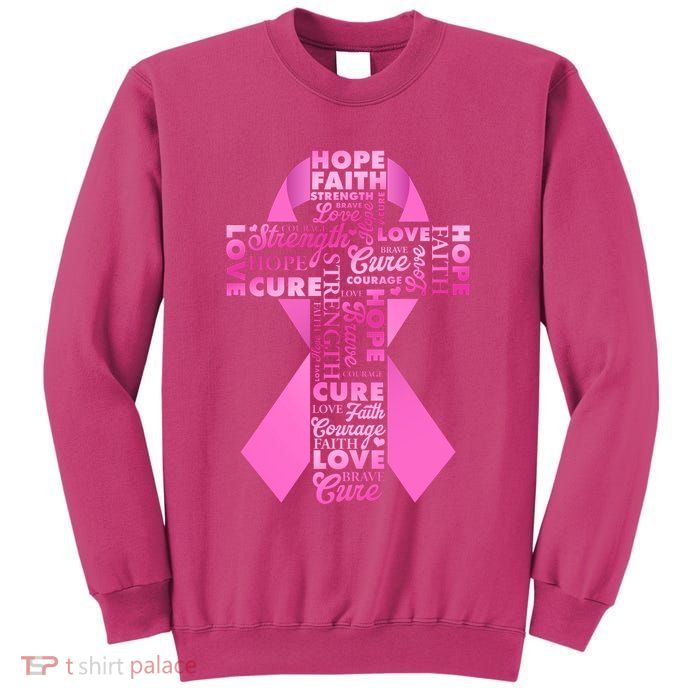 Breast Cancer Awareness Word Text Art Ribbon Cross Sweatshirt
