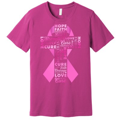 Breast Cancer Awareness Word Text Art Ribbon Cross Premium T-Shirt