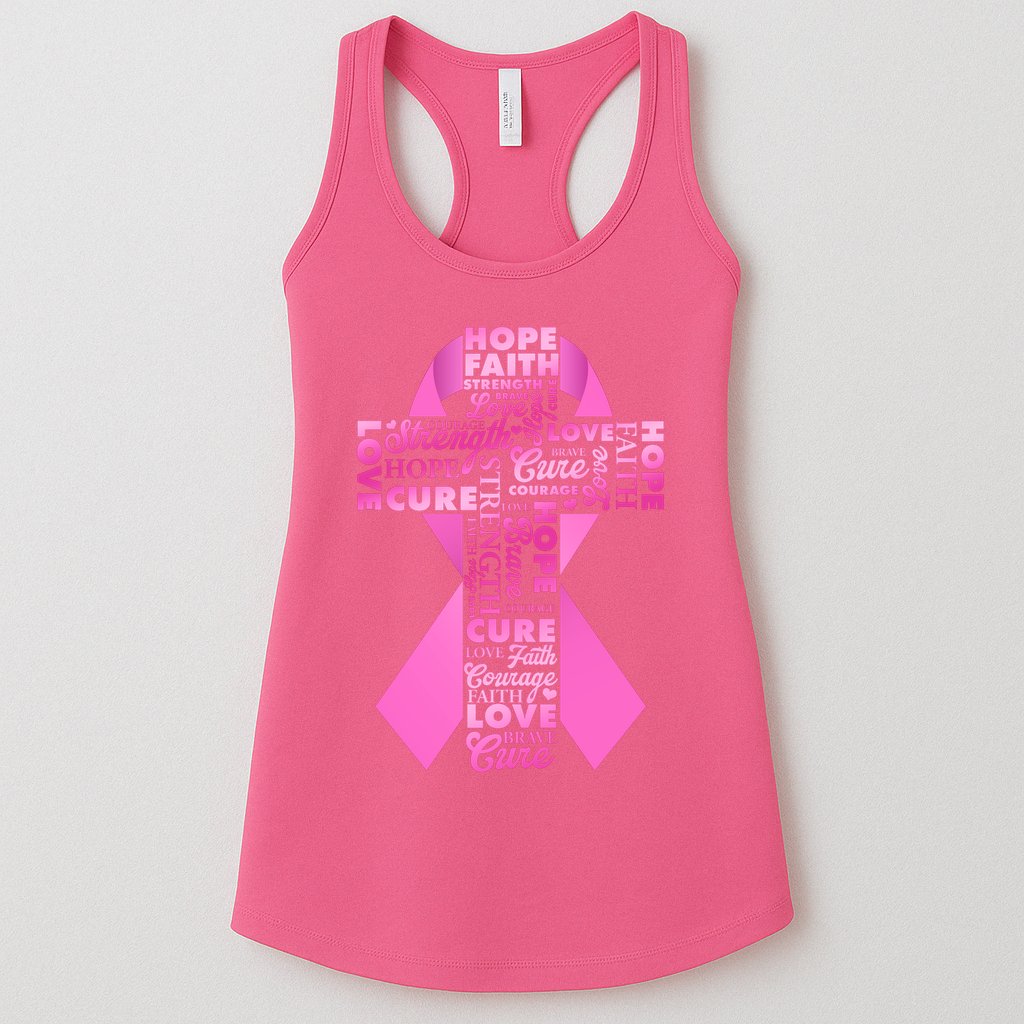 Breast Cancer Awareness Word Text Art Ribbon Cross Womens Tank Top