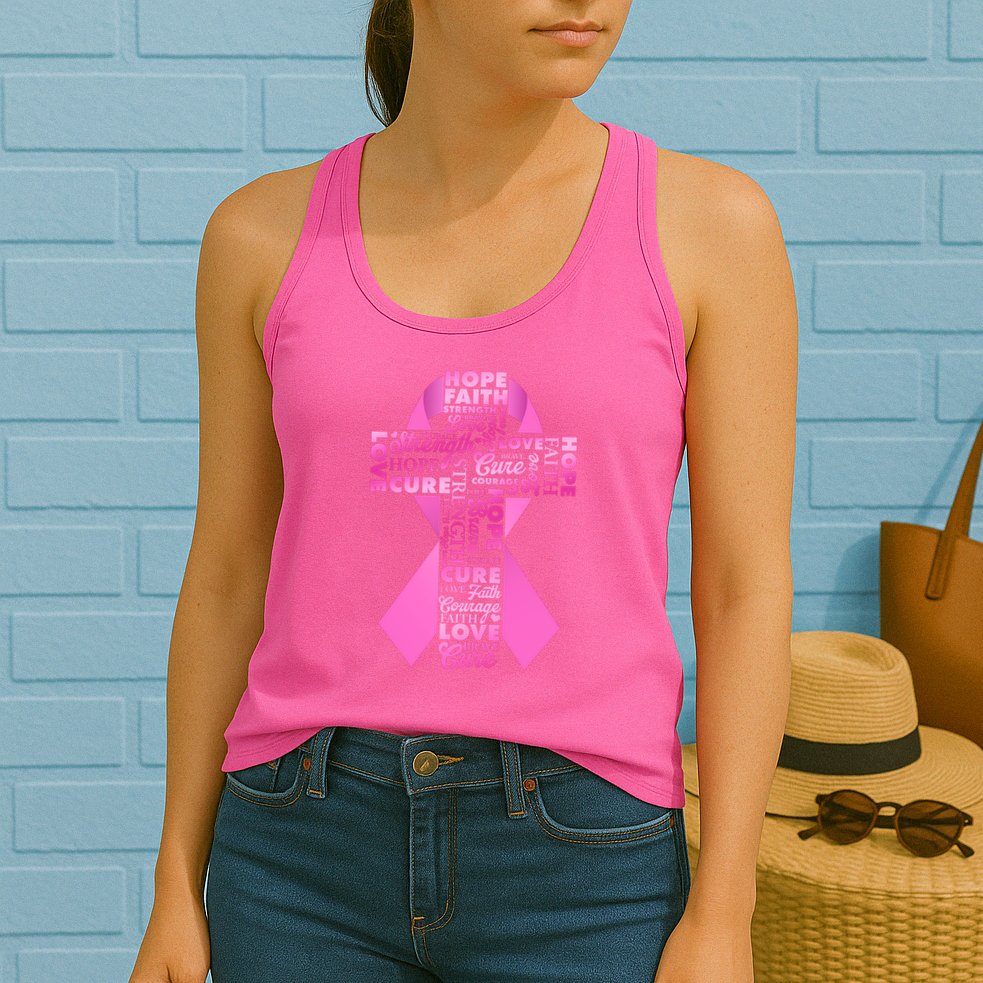 Breast Cancer Awareness Word Text Art Ribbon Cross Womens Tank Top