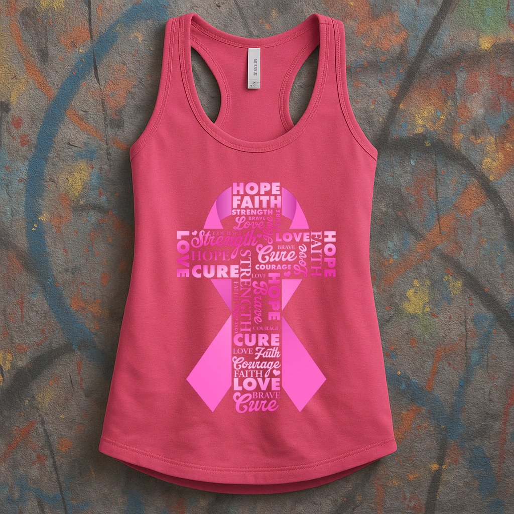 Breast Cancer Awareness Word Text Art Ribbon Cross Womens Tank Top