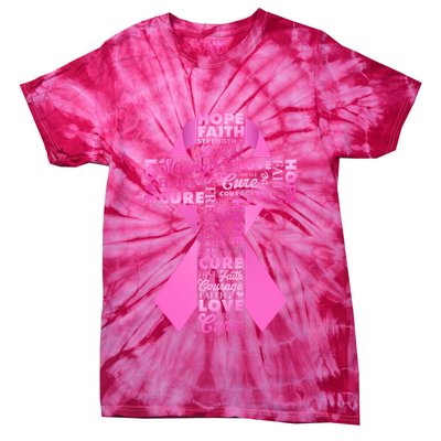 Breast Cancer Awareness Word Text Art Ribbon Cross Tie-Dye T-Shirt