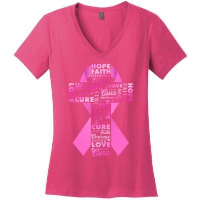 Breast Cancer Awareness Word Text Art Ribbon Cross Women's V-Neck T-Shirt