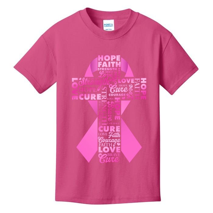 Breast Cancer Awareness Word Text Art Ribbon Cross Kids T-Shirt