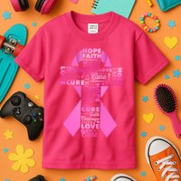Breast Cancer Awareness Word Text Art Ribbon Cross Kids T-Shirt