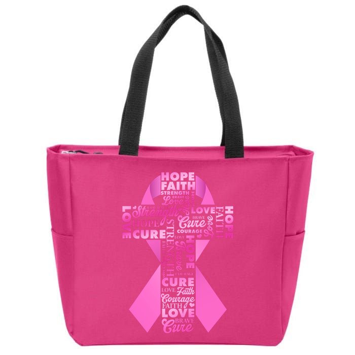 Breast Cancer Awareness Word Text Art Ribbon Cross Zip Tote Bag