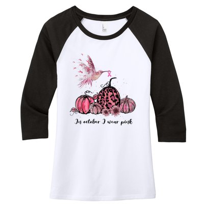 Breast Cancer Awareness In October We Wear Pink Hummingbird Women's Tri-Blend 3/4-Sleeve Raglan Shirt