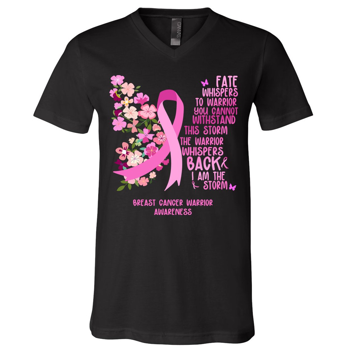 Breast Cancer Awareness Floral Ribbon Butterfly V-Neck T-Shirt