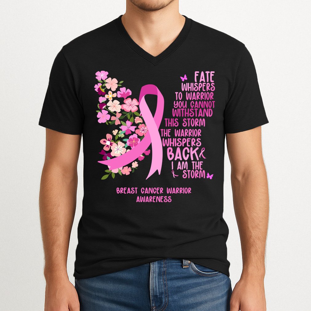 Breast Cancer Awareness Floral Ribbon Butterfly V-Neck T-Shirt