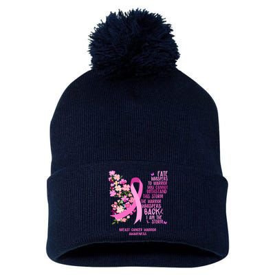 Breast Cancer Awareness Floral Ribbon Butterfly Pom Pom 12in Knit Beanie