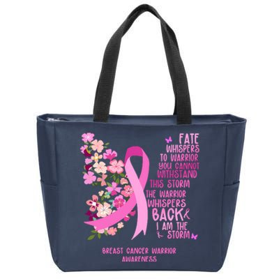 Breast Cancer Awareness Floral Ribbon Butterfly Zip Tote Bag