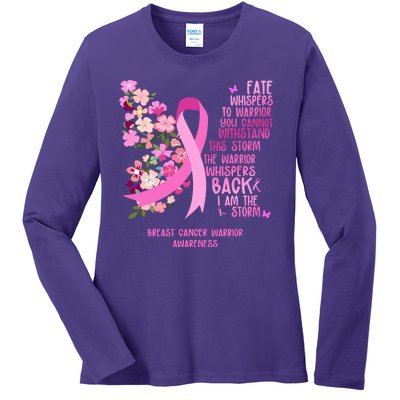 Breast Cancer Awareness Floral Ribbon Butterfly Ladies Long Sleeve Shirt