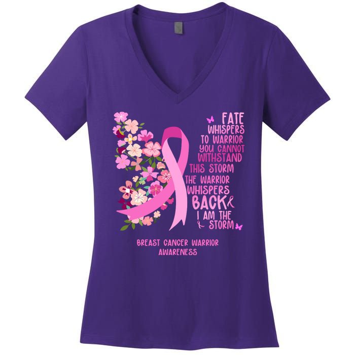 Breast Cancer Awareness Floral Ribbon Butterfly Women's V-Neck T-Shirt