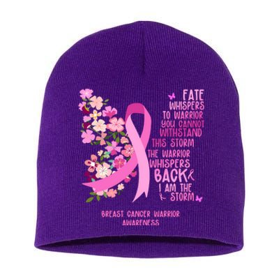 Breast Cancer Awareness Floral Ribbon Butterfly Short Acrylic Beanie