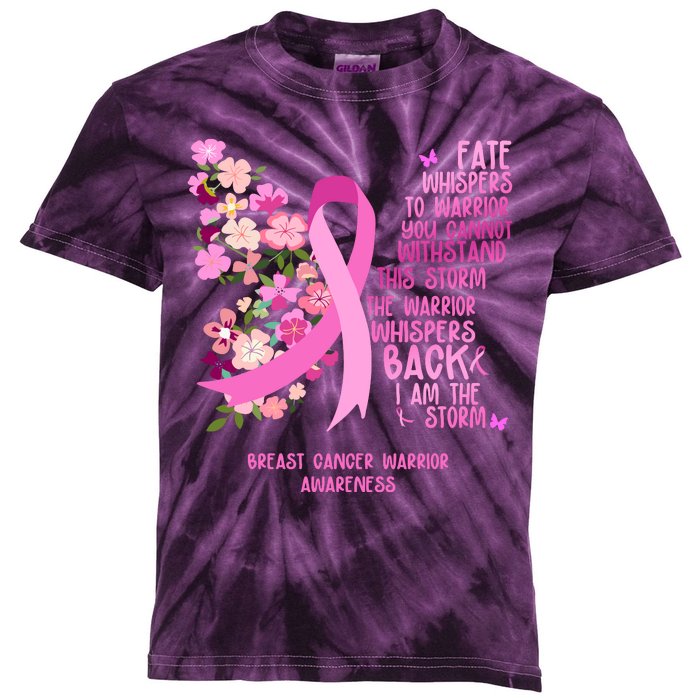 Breast Cancer Awareness Floral Ribbon Butterfly Kids Tie-Dye T-Shirt