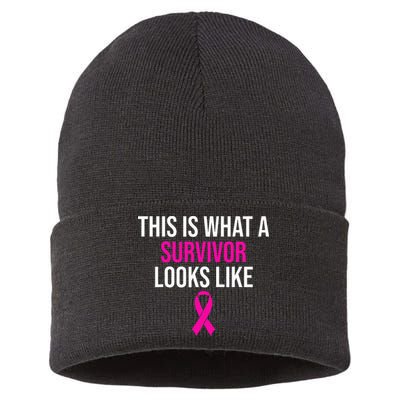 Breast Cancer Awareness Survivor Pink Ribbon Sustainable Knit Beanie