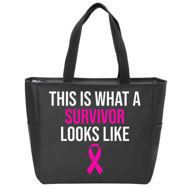 Breast Cancer Awareness Survivor Pink Ribbon Zip Tote Bag