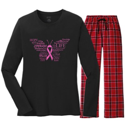 Breast Cancer Awareness Butterfly Ribbon Quotes Women's Long Sleeve Flannel Pajama Set 