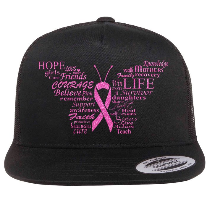 Breast Cancer Awareness Butterfly Ribbon Quotes Flat Bill Trucker Hat