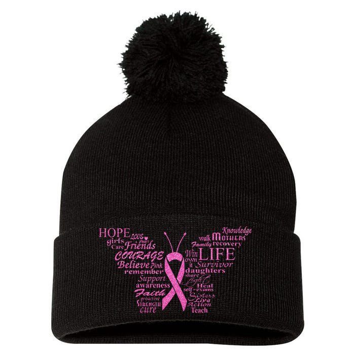 Breast Cancer Awareness Butterfly Ribbon Quotes Pom Pom 12in Knit Beanie