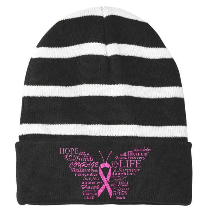 Breast Cancer Awareness Butterfly Ribbon Quotes Striped Beanie with Solid Band