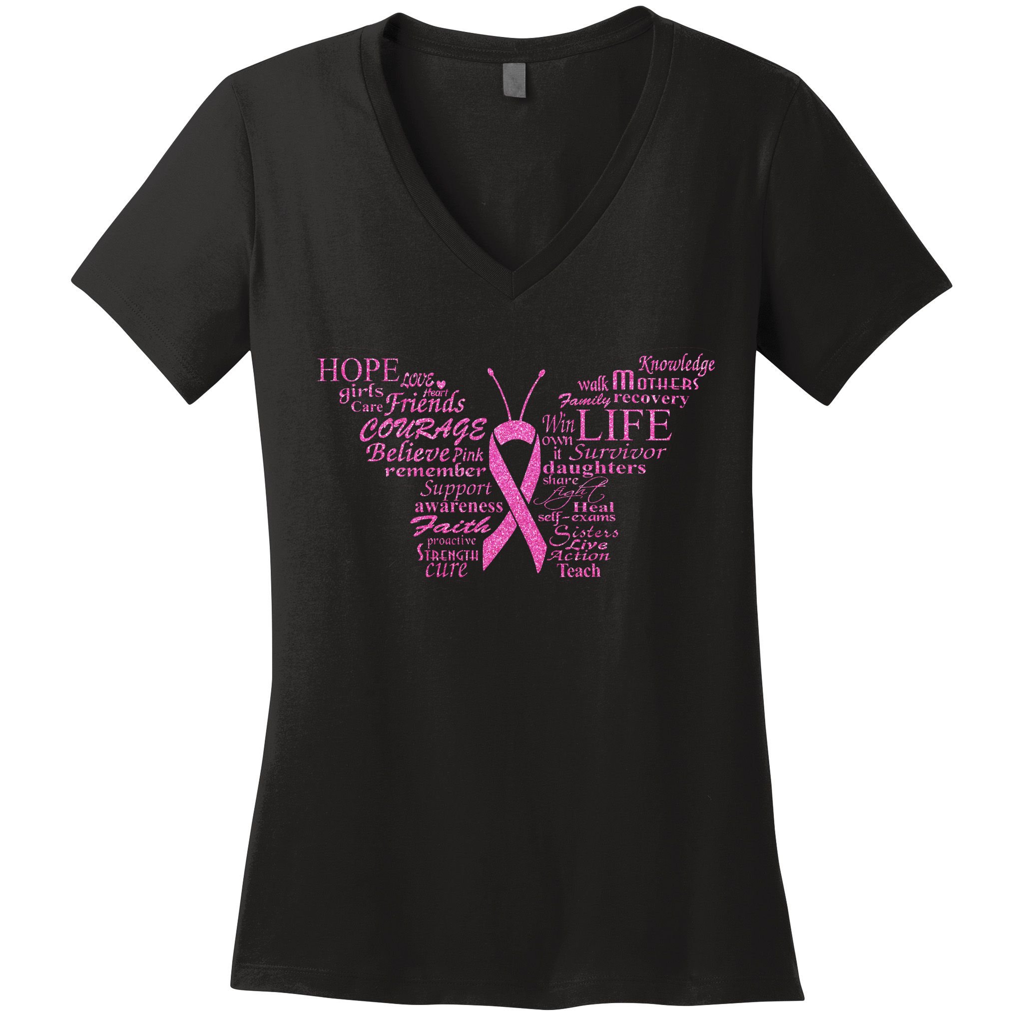 Breast Cancer Awareness Butterfly Ribbon Quotes Women's V-Neck T-Shirt