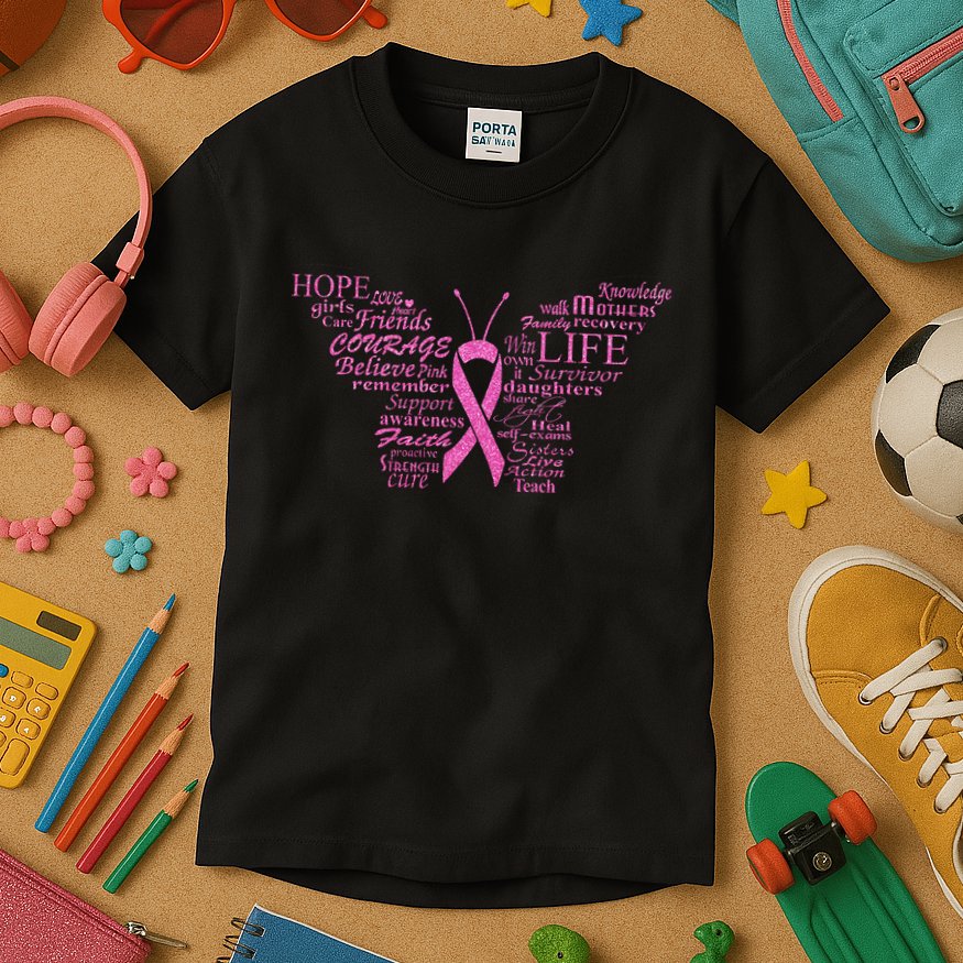 Breast Cancer Awareness Butterfly Ribbon Quotes Kids T-Shirt