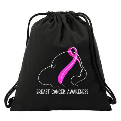Breast Cancer Awareness Ribbon Girl Outline Drawstring Bag