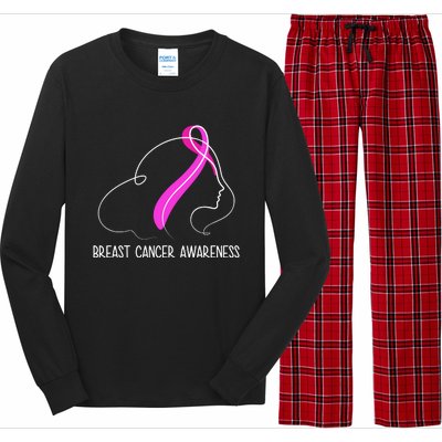 Breast Cancer Awareness Ribbon Girl Outline Long Sleeve Pajama Set