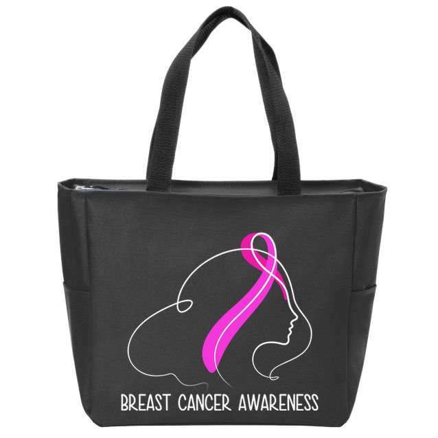 Breast Cancer Awareness Ribbon Girl Outline Zip Tote Bag