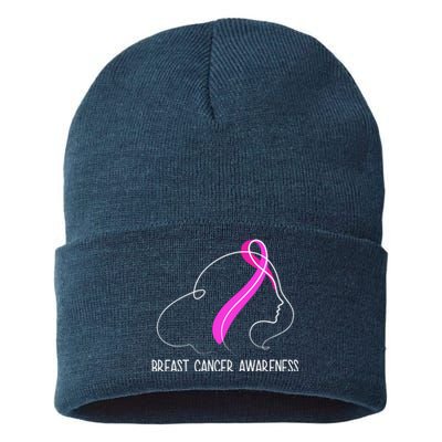 Breast Cancer Awareness Ribbon Girl Outline Sustainable Knit Beanie