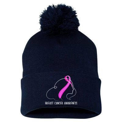 Breast Cancer Awareness Ribbon Girl Outline Pom Pom 12in Knit Beanie