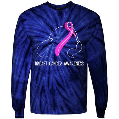 Breast Cancer Awareness Ribbon Girl Outline Tie-Dye Long Sleeve Shirt