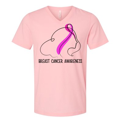 Breast Cancer Awareness Ribbon Girl Outline V-Neck T-Shirt