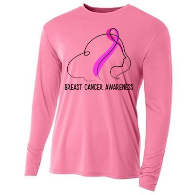 Breast Cancer Awareness Ribbon Girl Outline Cooling Performance Long Sleeve Crew