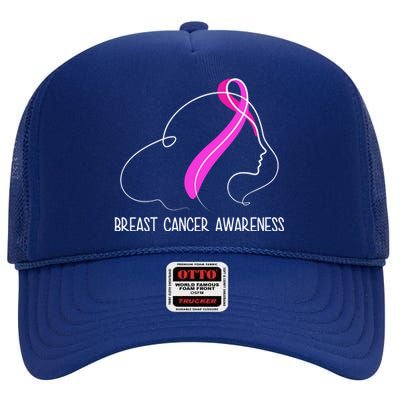 Breast Cancer Awareness Ribbon Girl Outline High Crown Mesh Back Trucker Hat