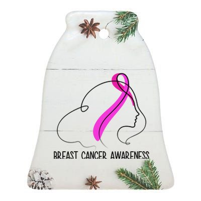 Breast Cancer Awareness Ribbon Girl Outline Ceramic Bell Ornament