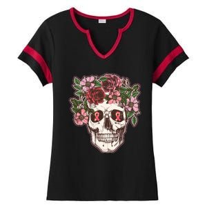 Breast Cancer Awareness Floral Flower Skull Ladies Halftime Notch Neck Tee