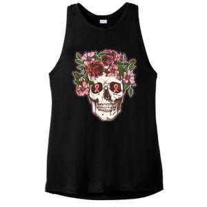 Breast Cancer Awareness Floral Flower Skull Ladies PosiCharge Tri-Blend Wicking Tank