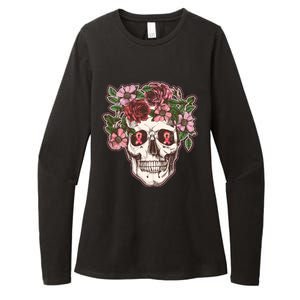 Breast Cancer Awareness Floral Flower Skull Womens CVC Long Sleeve Shirt