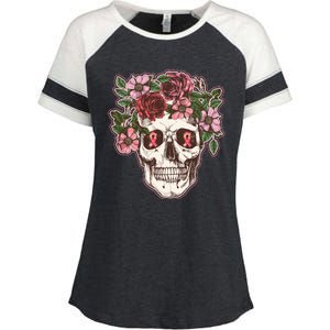 Breast Cancer Awareness Floral Flower Skull Enza Ladies Jersey Colorblock Tee