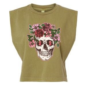 Breast Cancer Awareness Floral Flower Skull Garment-Dyed Women's Muscle Tee