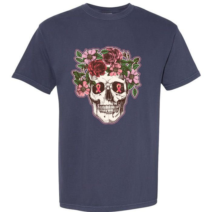 Breast Cancer Awareness Floral Flower Skull Garment-Dyed Heavyweight T-Shirt