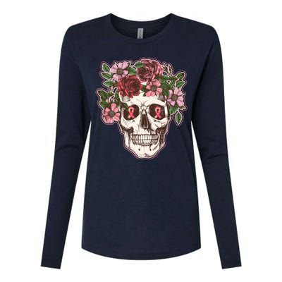 Breast Cancer Awareness Floral Flower Skull Womens Cotton Relaxed Long Sleeve T-Shirt