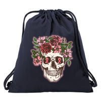 Breast Cancer Awareness Floral Flower Skull Drawstring Bag