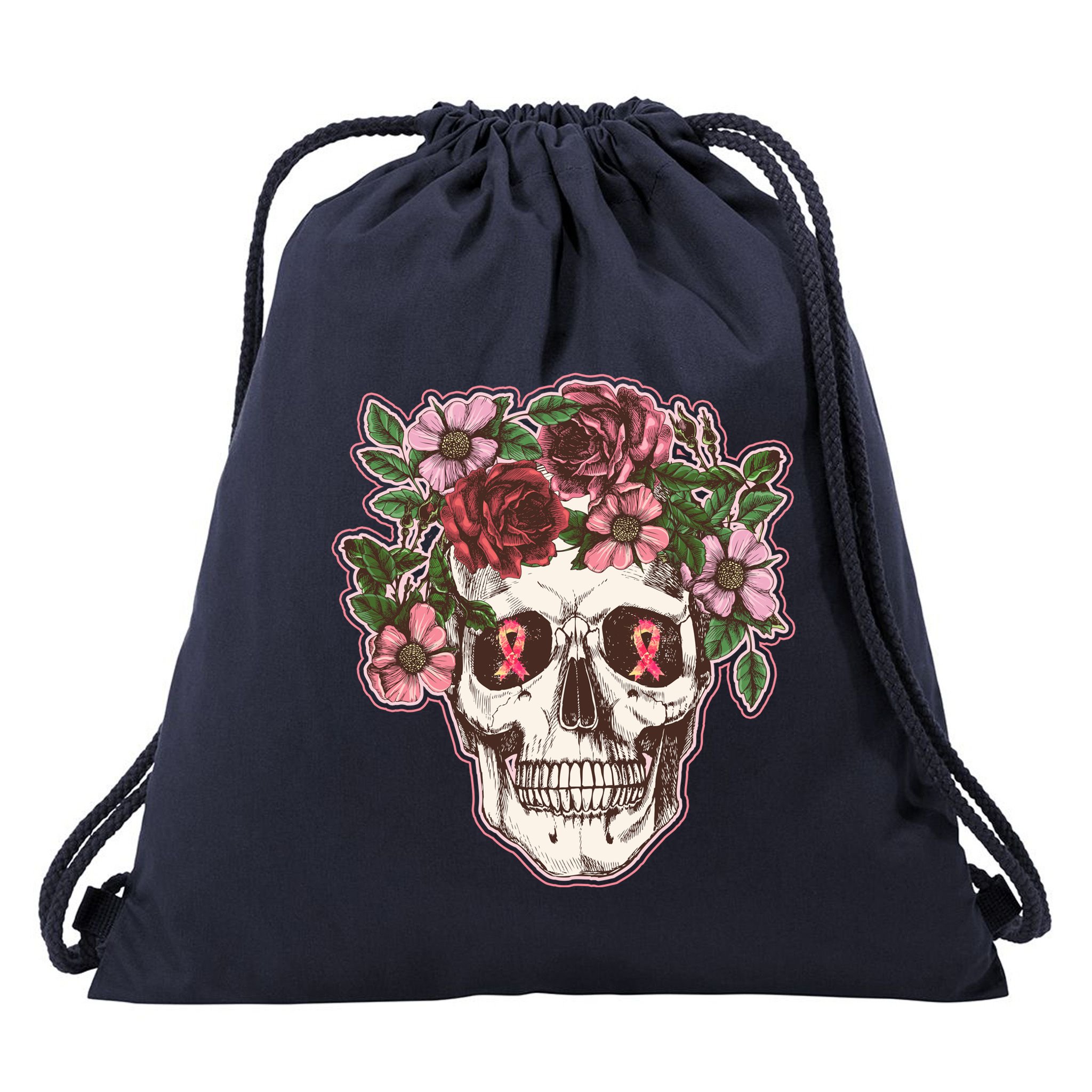 Breast Cancer Awareness Floral Flower Skull Drawstring Bag