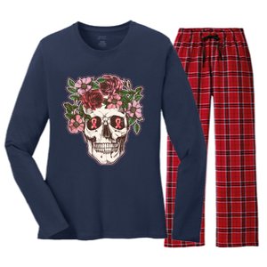 Breast Cancer Awareness Floral Flower Skull Women's Long Sleeve Flannel Pajama Set 