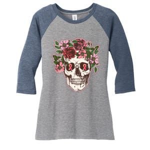 Breast Cancer Awareness Floral Flower Skull Women's Tri-Blend 3/4-Sleeve Raglan Shirt