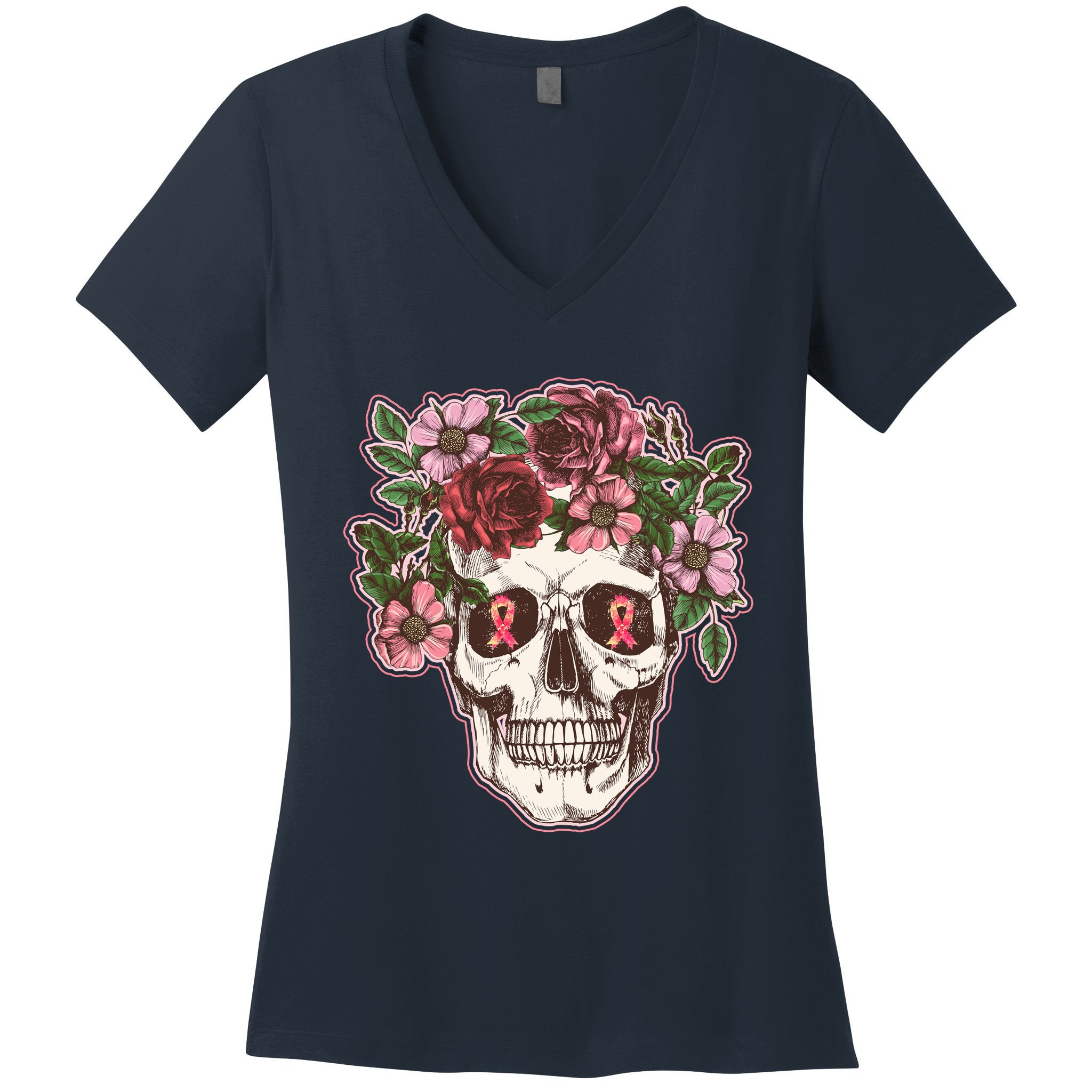 Breast Cancer Awareness Floral Flower Skull Women's V-Neck T-Shirt